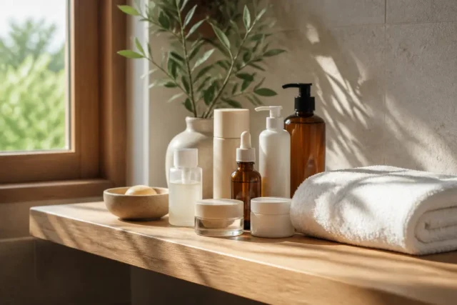 Flacons de cosmétiques minimalistes sur une étagère en bois où Linae faut-il investir