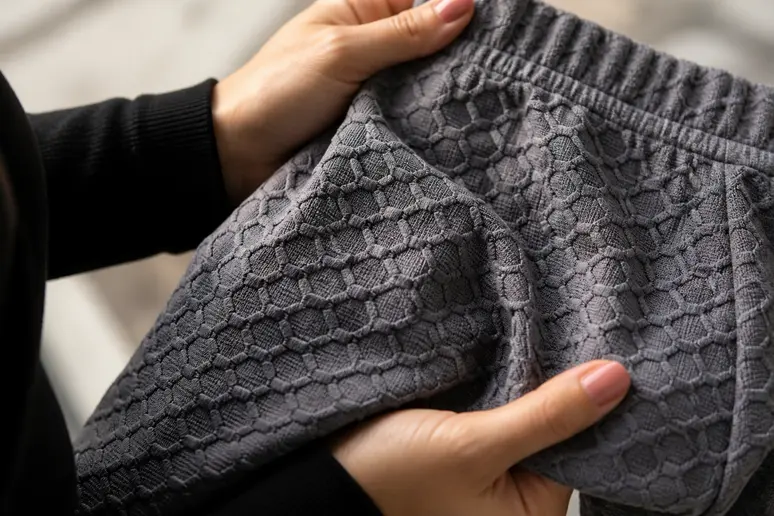Gros plan sur la texture alvéolée et extensible du legging Luveon 3D.