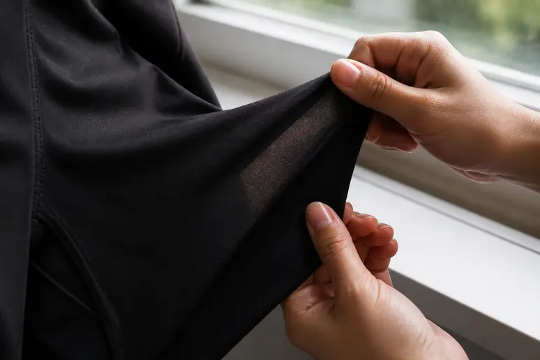Étirement du tissu d'un legging pour vérifier l'opacité et la densité du tricotage.