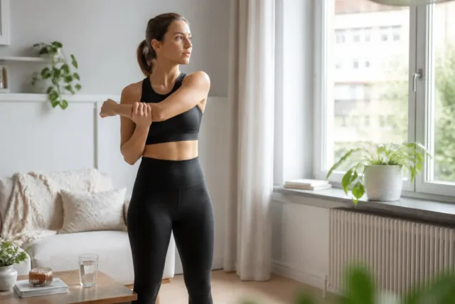 Femme vêtue d'un legging Luveon avis lors d'une séance d'étirement matinale dans un salon lumineux.
