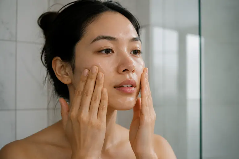 Mains appliquant une huile nettoyante végétale sur le visage pour une routine beauté minimaliste