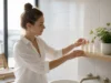 Conseils routine beauté : 3 étapes sans surcharger sa peau Trois flacons cosmétiques minimalistes sur une étagère en bois pour vos conseils routine beauté.