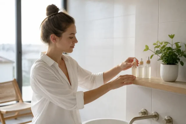 Trois flacons cosmétiques minimalistes sur une étagère en bois pour vos conseils routine beauté.