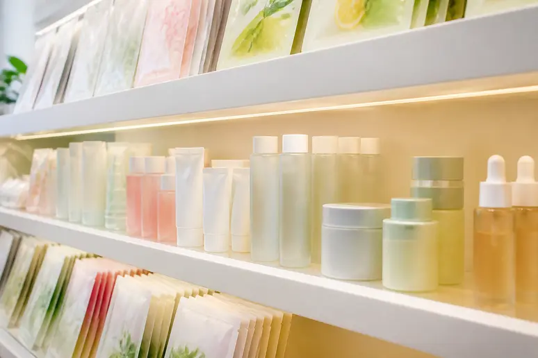 Étagères lumineuses d'une boutique présentant une sélection soignée de soins et masques de beauté coréens.