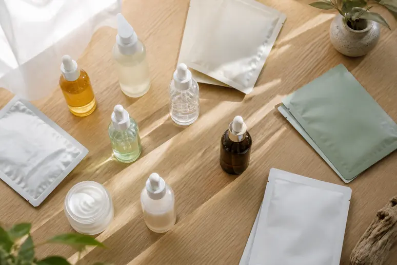 Présentation sur fond de bois de sérums et de masques en tissu phares de la cosmétique coréenne.