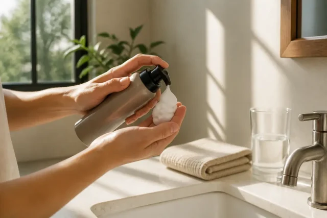 Comment doser et appliquer le minoxidil mousse à 5 % ? Un flacon de mousse posé sur le plan de travail de la salle de bains pour savoir comment utiliser minoxidil mousse.
