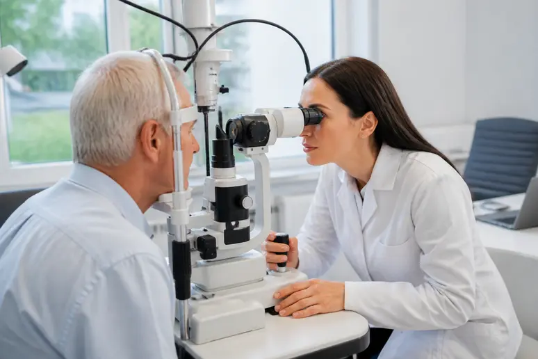 Ophtalmologue réalisant un examen visuel pour évaluer une solution paupière tombante