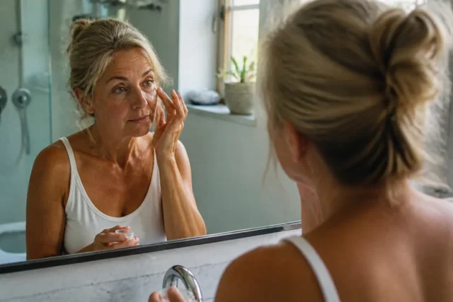 Femme mûre appliquant une crème hydratante devant son miroir, illustrant les solutions paupière tombante naturelles.