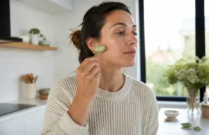 Rétention d’eau au visage, du drainage aux excès de sel Femme utilisant un rouleau de jade pour atténuer la rétention d’eau visage le matin