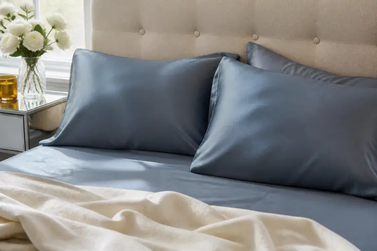 Taie d'oreiller en soie sur un lit confortable pour protéger la peau du visage des plis nocturnes