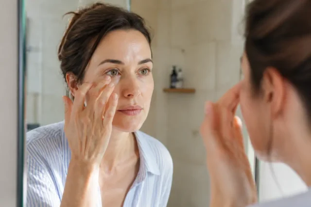Une femme applique délicatement un soin hydratant pour savoir comment atténuer rides sous les yeux naturellement.