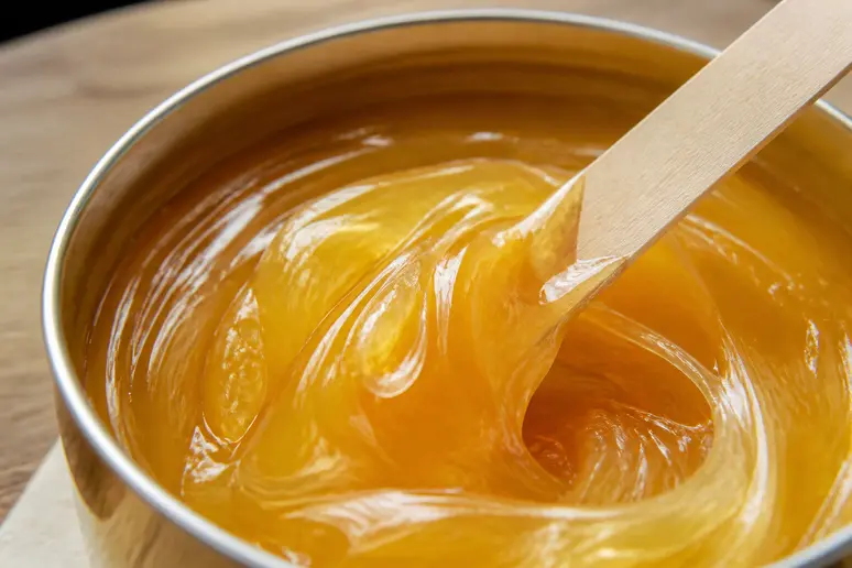 Pot de cire orientale Sana K à la texture ambrée et onctueuse posé sur une table