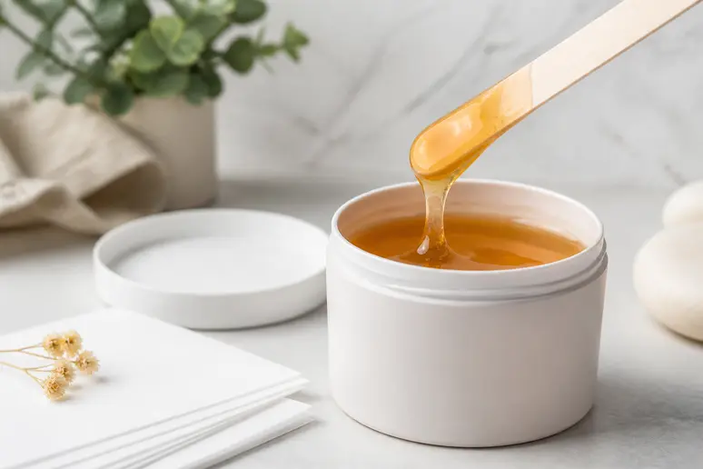 Pot de cire orientale Sana K et ses accessoires de beauté présentés sur fond neutre