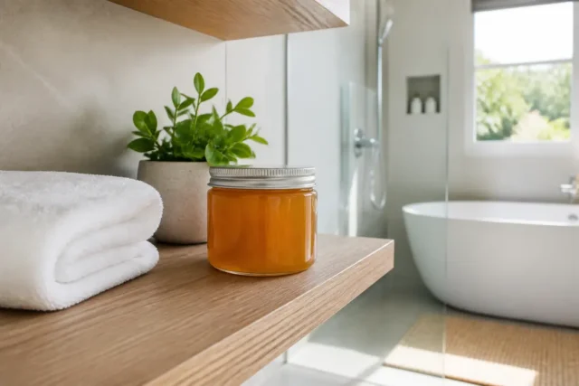 Cire orientale Sana K : avis sur la douleur et le maillot Pot de cire posé sur une étagère en bois dans une salle de bains lumineuse pour un avis cire orientale sana k