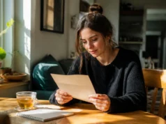 Test personnalité archange : comment fonctionne l’effet Barnum ? Une femme découvrant le fonctionnement test personnalité archange en lisant des notes manuscrites à sa table.