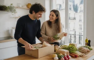Que vaut Quitoque ? Notre avis sur les prix et les box un couple prépare un repas frais avec les ingrédients d'un avis quitoque dans leur cuisine