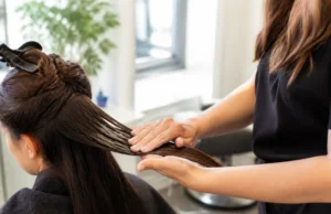 Coloration sans ammoniaque : vraie douceur ou éthanolamine ? Une coiffeuse applique délicatement un soin capillaire lors d'une séance de coloration sans ammoniaque en salon.