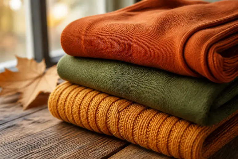 Piles de vêtements aux nuances chaudes et cuivrées pour un profil automne.