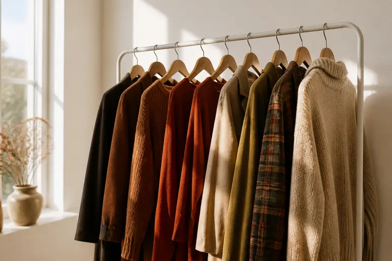 Sélection de tenues aux teintes olive et cuivrées adaptées à la colorimétrie automne.