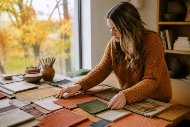 Une femme analyse des échantillons de tissu aux teintes de la colorimétrie automne près d'une fenêtre lumineuse.