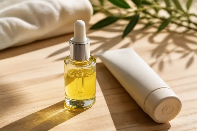 Flacon d'huile végétale et tube de crème pour un soin anti vergetures sur une table en bois