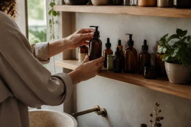 Quel soin anti-vergetures choisir sans perturbateur ? Flacons de cosmétiques naturels posés sur une étagère en bois pour choisir son soin anti vergetures