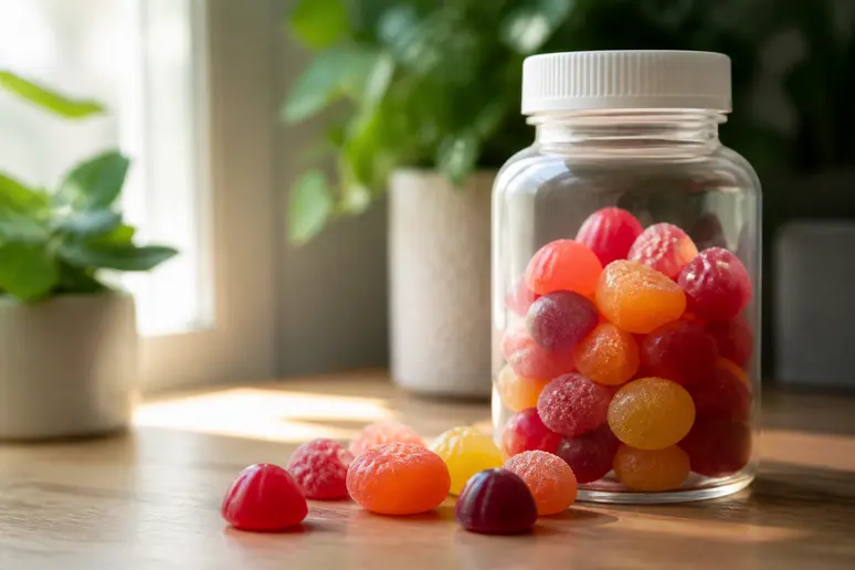 Flacon de compléments alimentaires Epycure et gummies colorés sur une table en bois