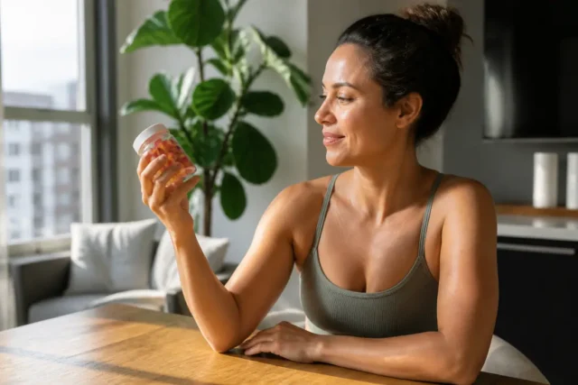 Epycure avis : efficacité du Boost Méta et des gummies Une femme tient un flacon de compléments alimentaires naturels dans sa cuisine lumineuse, illustrant un Epycure avis.