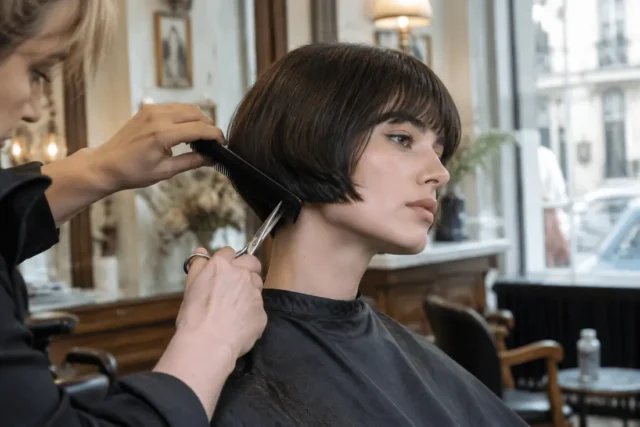 Une coiffeuse réalise une french bob coupe élégante et structurée dans un salon lumineux