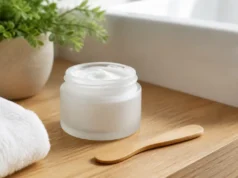 Masque points noirs Lanbena : notre avis face à Que Choisir Un pot de cosmétique posé sur une coiffeuse en bois avec Lanbena masque points noirs avis