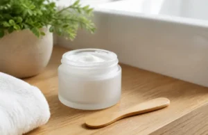 Masque points noirs Lanbena : notre avis face à Que Choisir Un pot de cosmétique posé sur une coiffeuse en bois avec Lanbena masque points noirs avis