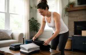 Legging Leonie and Co avis : effet gainant ou anti-cellulite ? Femme pliant du textile technique pour illustrer un legging leonie and co avis au salon.