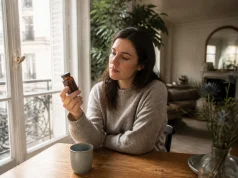 Luxéol avis négatifs : inefficacité ou troubles digestifs Femme examinant un flacon de complément capillaire dans son salon avec un Luxéol avis négatif