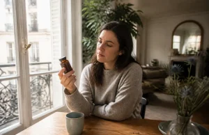 Luxéol avis négatifs : inefficacité ou troubles digestifs Femme examinant un flacon de complément capillaire dans son salon avec un Luxéol avis négatif