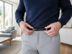 Pantalon qui descend : que faire s’il glisse avec ceinture ? Personne ajustant une ceinture plate sur un pantalon qui descend dans un salon lumineux