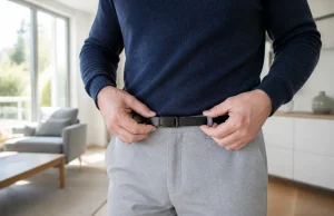 Pantalon qui descend : que faire s’il glisse avec ceinture ? Personne ajustant une ceinture plate sur un pantalon qui descend dans un salon lumineux