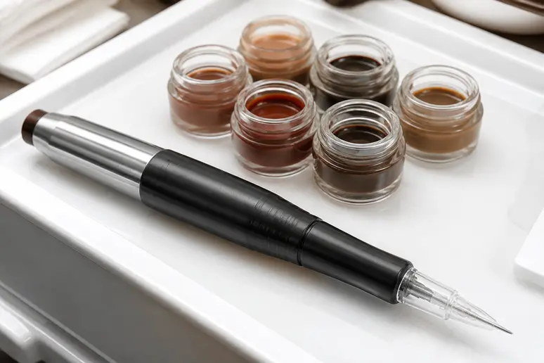 Matériel professionnel de dermopigmentation utilisé pour la réalisation de powder brows en institut