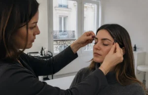 Sourcils powder brows : quel tarif pour éviter le détatouage ? experte en beauté dessinant la ligne des sourcils pour une cliente en salon avec le powder brow sourcils prix