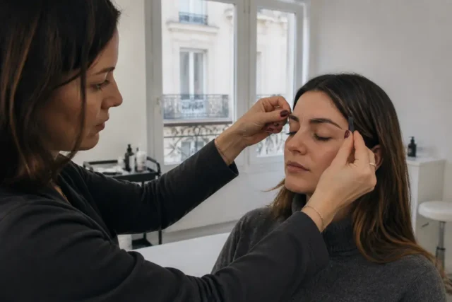 experte en beauté dessinant la ligne des sourcils pour une cliente en salon avec le powder brow sourcils prix