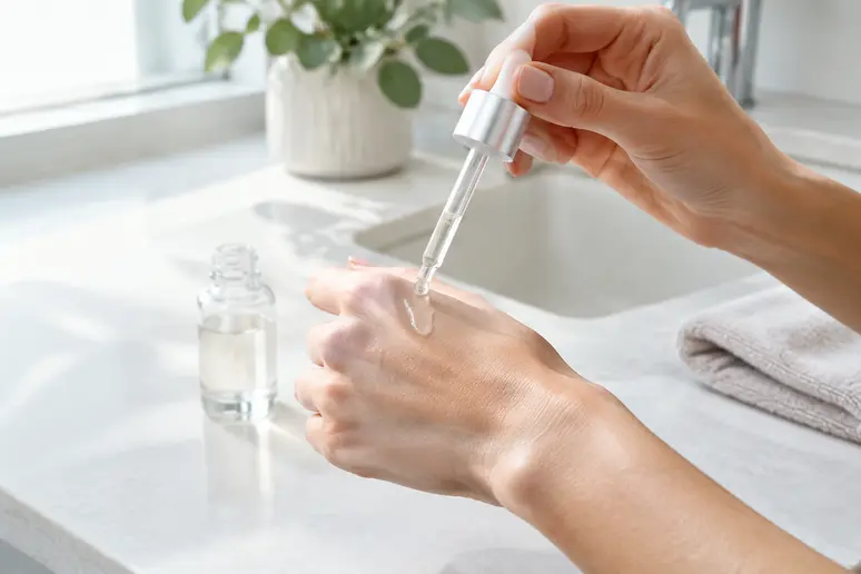 Application d'un sérum some by mi dans le cadre d'une routine de soin quotidienne