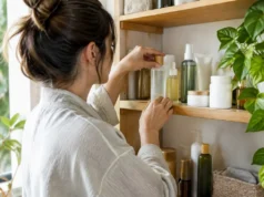 Some By Mi avis : composition et efficacité réelle bouteilles de cosmétiques bien rangées sur une étagère en bois avec une plante pour se faire un some by mi avis