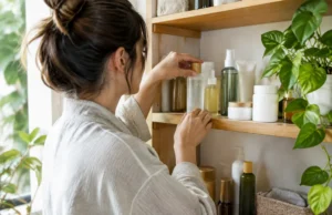 Some By Mi avis : composition et efficacité réelle bouteilles de cosmétiques bien rangées sur une étagère en bois avec une plante pour se faire un some by mi avis