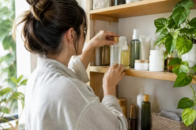 bouteilles de cosmétiques bien rangées sur une étagère en bois avec une plante pour se faire un some by mi avis