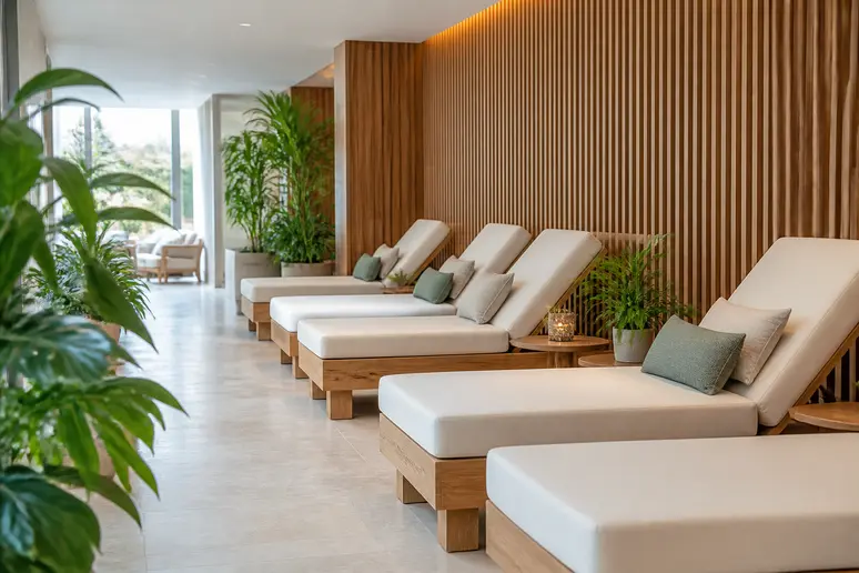 Espace détente lumineux et moderne avec des transats en bois au Spa Cocooning Louvigny