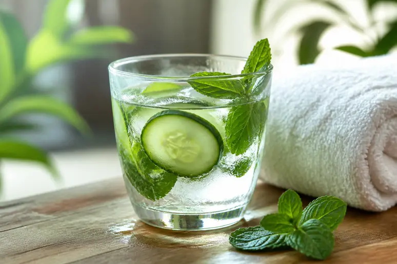 Verre d'eau fraîche infusée posé sur une table en bois avant une séance au spa