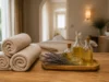 Le Spa Cocooning à Louvigny, des soins visage au hammam Ambiance relaxante avec serviettes et flacons d'huiles au Spa Cocooning Louvigny.