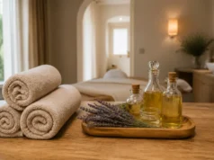 Le Spa Cocooning à Louvigny, des soins visage au hammam Ambiance relaxante avec serviettes et flacons d'huiles au Spa Cocooning Louvigny.