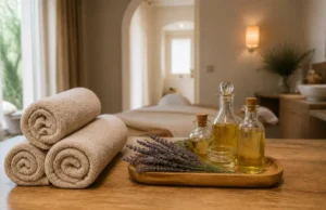 Le Spa Cocooning à Louvigny, des soins visage au hammam Ambiance relaxante avec serviettes et flacons d'huiles au Spa Cocooning Louvigny.