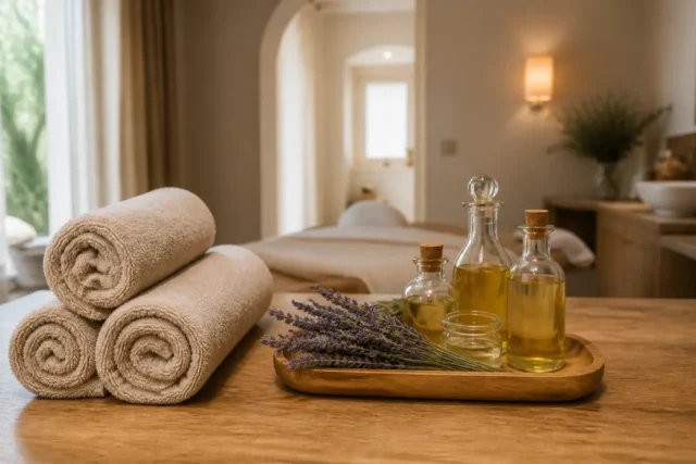 Le Spa Cocooning à Louvigny, des soins visage au hammam Ambiance relaxante avec serviettes et flacons d'huiles au Spa Cocooning Louvigny.