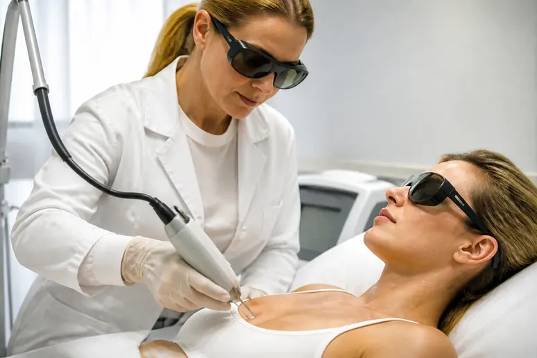 Séance de détatouage au laser pour effacer des taches de rousseur ratées sur la peau